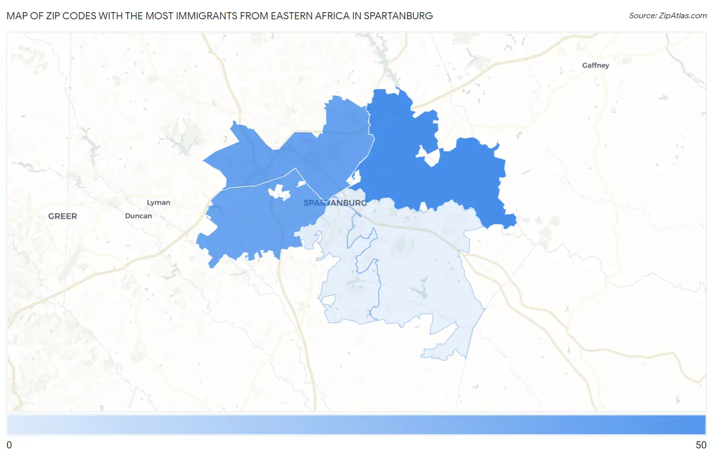 Zip Codes with the Most Immigrants from Eastern Africa in Spartanburg Map
