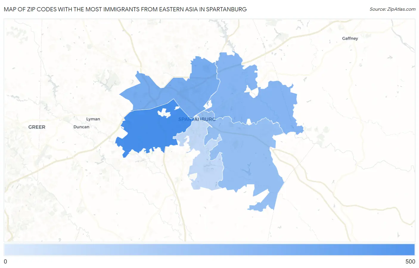 Zip Codes with the Most Immigrants from Eastern Asia in Spartanburg Map