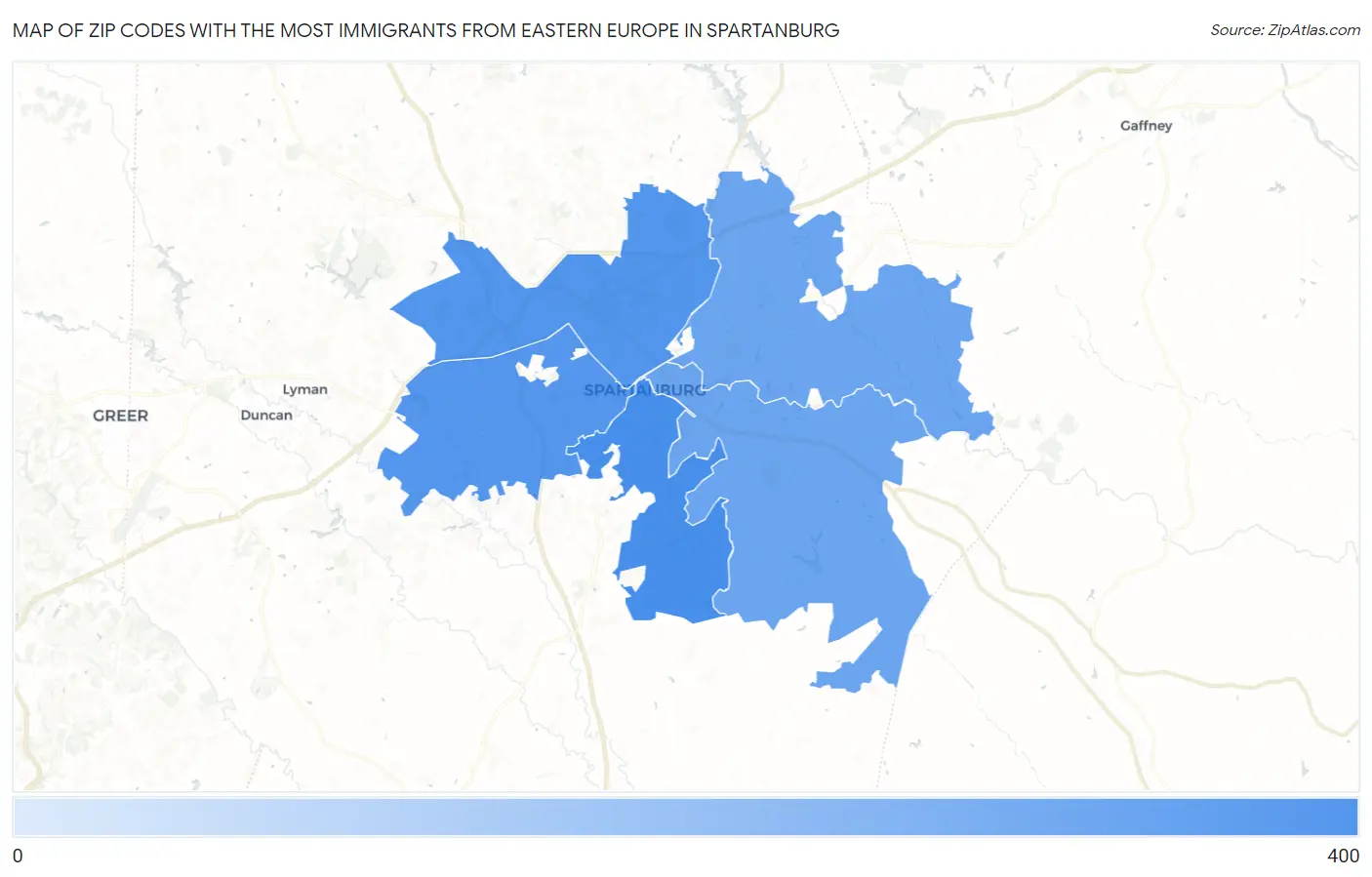 Zip Codes with the Most Immigrants from Eastern Europe in Spartanburg Map