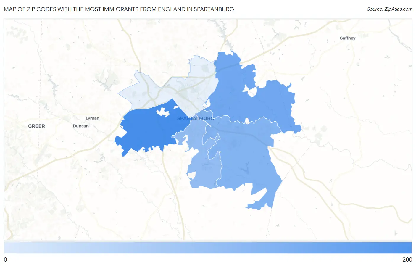 Zip Codes with the Most Immigrants from England in Spartanburg Map
