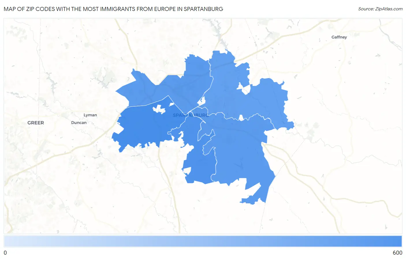 Zip Codes with the Most Immigrants from Europe in Spartanburg Map