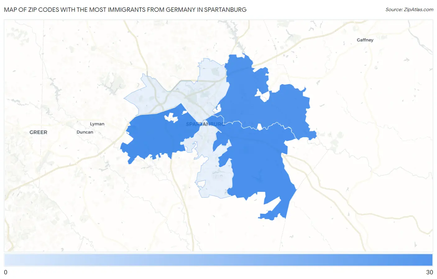 Zip Codes with the Most Immigrants from Germany in Spartanburg Map