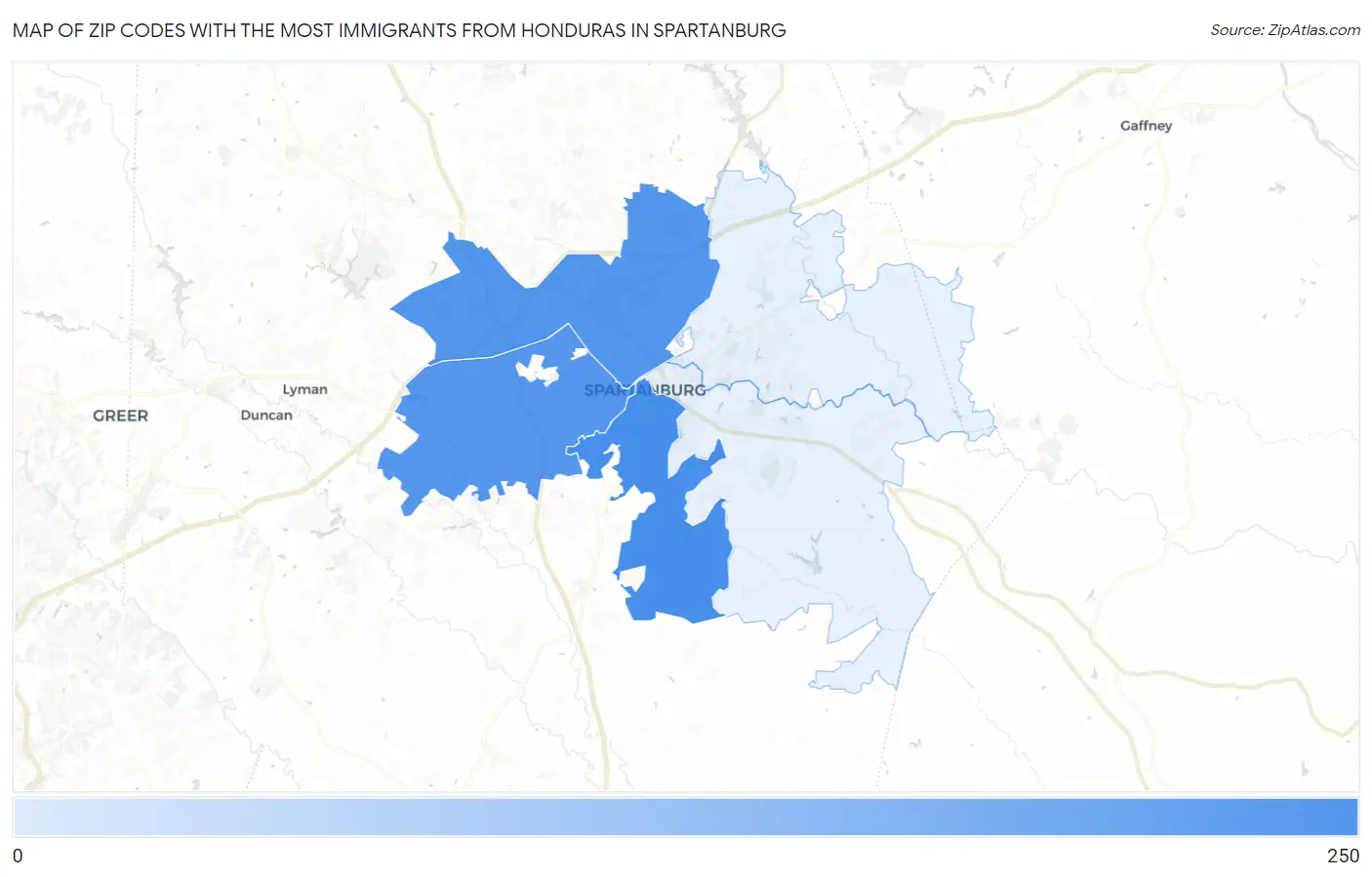 Zip Codes with the Most Immigrants from Honduras in Spartanburg Map