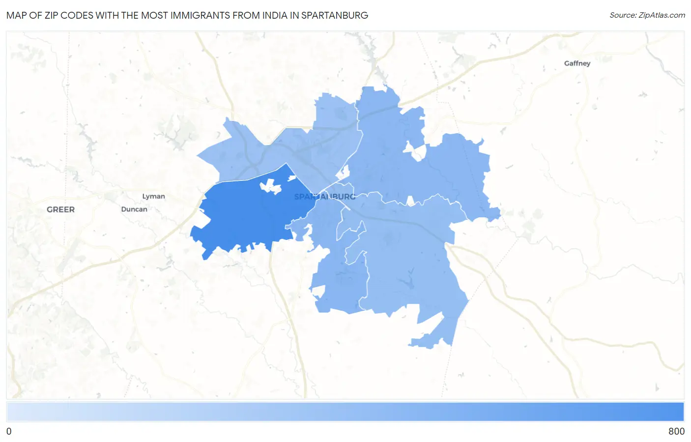 Zip Codes with the Most Immigrants from India in Spartanburg Map