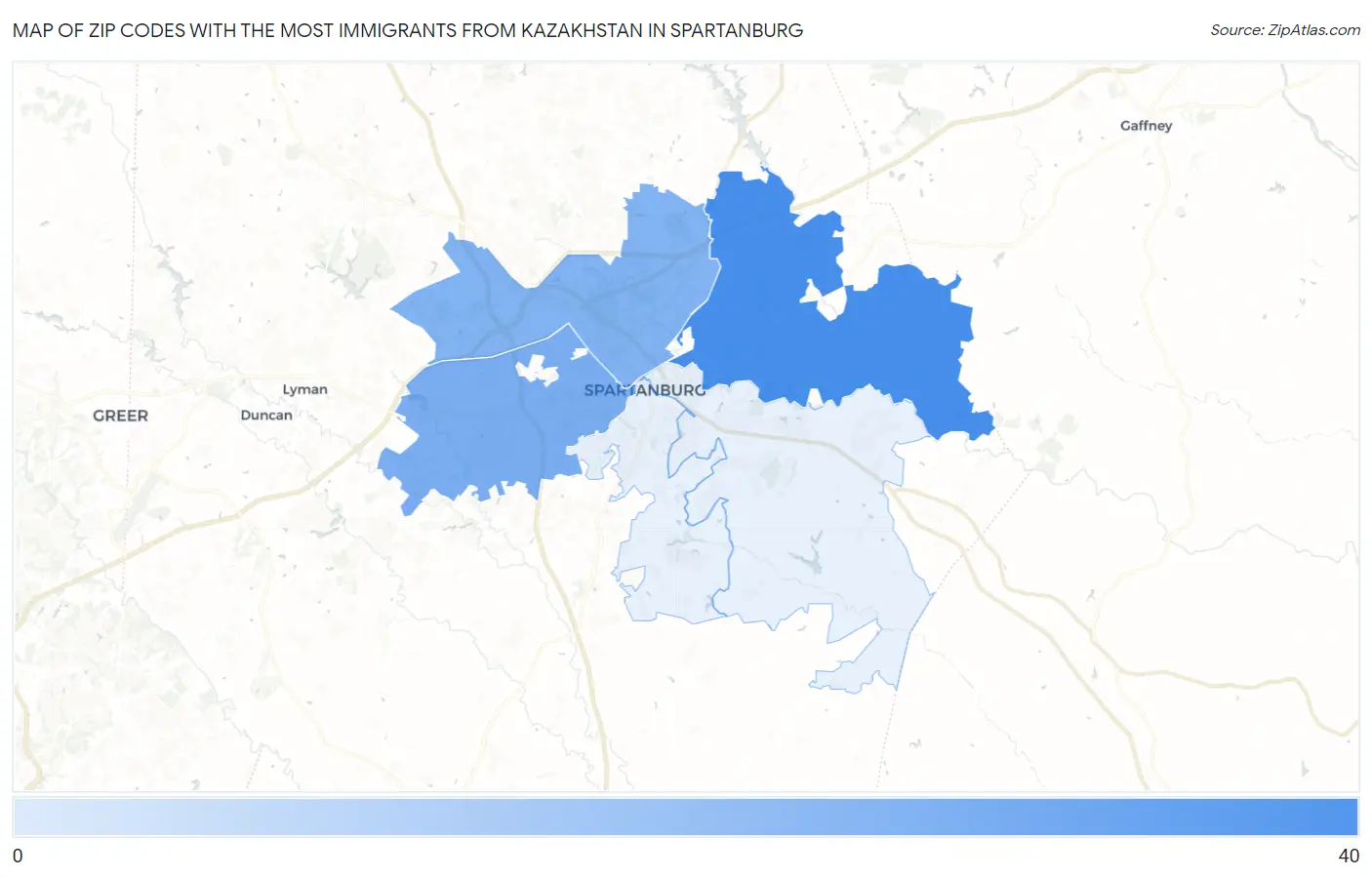 Zip Codes with the Most Immigrants from Kazakhstan in Spartanburg Map