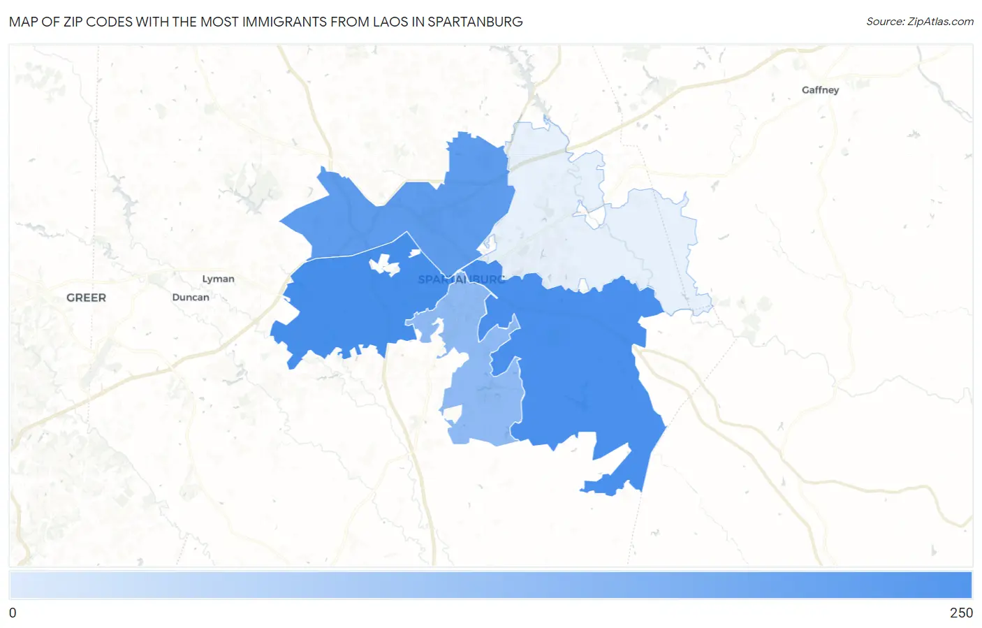 Zip Codes with the Most Immigrants from Laos in Spartanburg Map