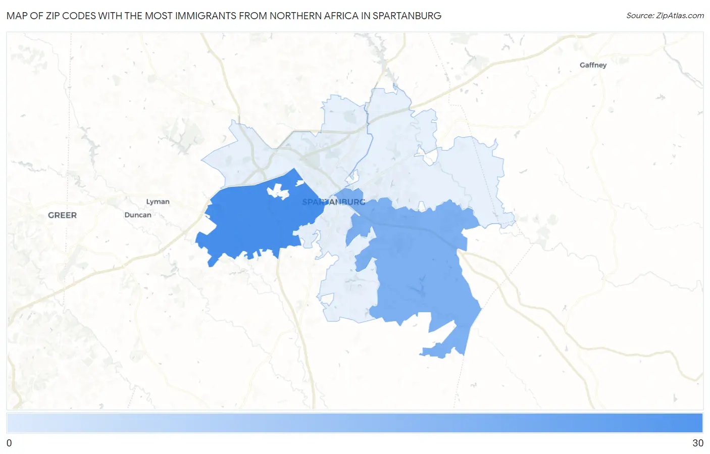 Zip Codes with the Most Immigrants from Northern Africa in Spartanburg Map