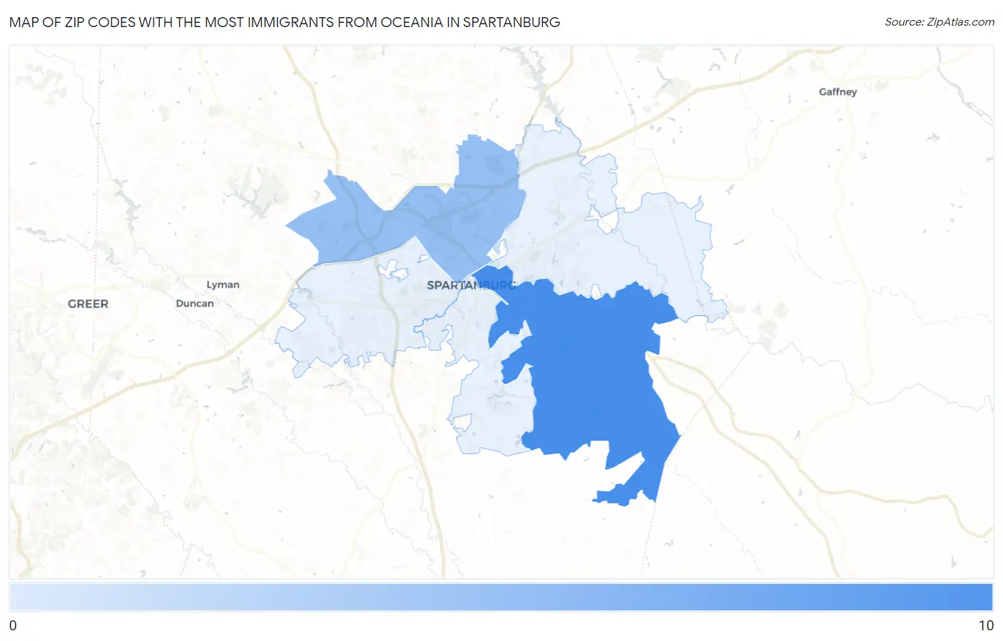 Zip Codes with the Most Immigrants from Oceania in Spartanburg Map