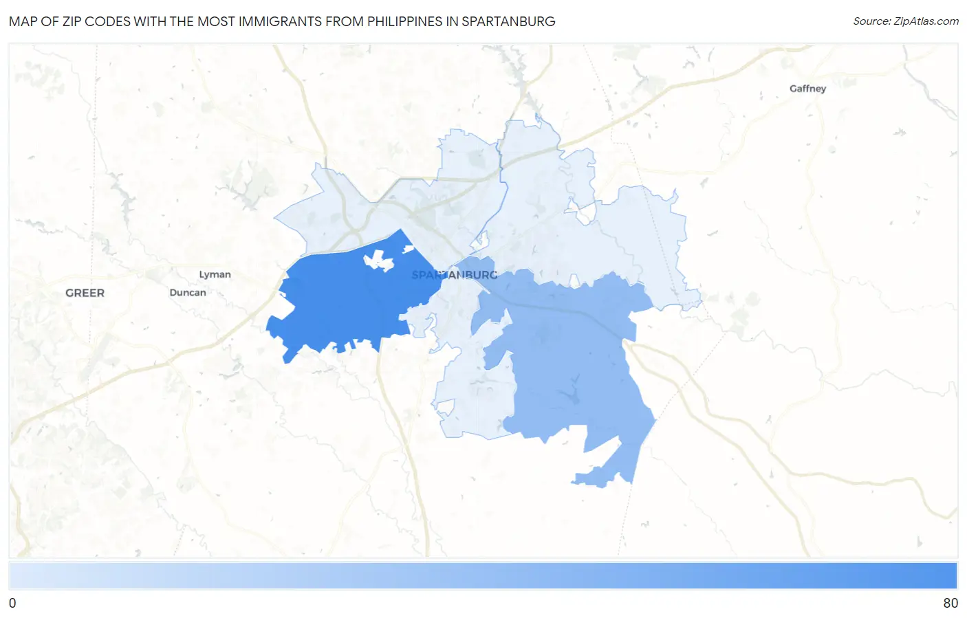 Zip Codes with the Most Immigrants from Philippines in Spartanburg Map