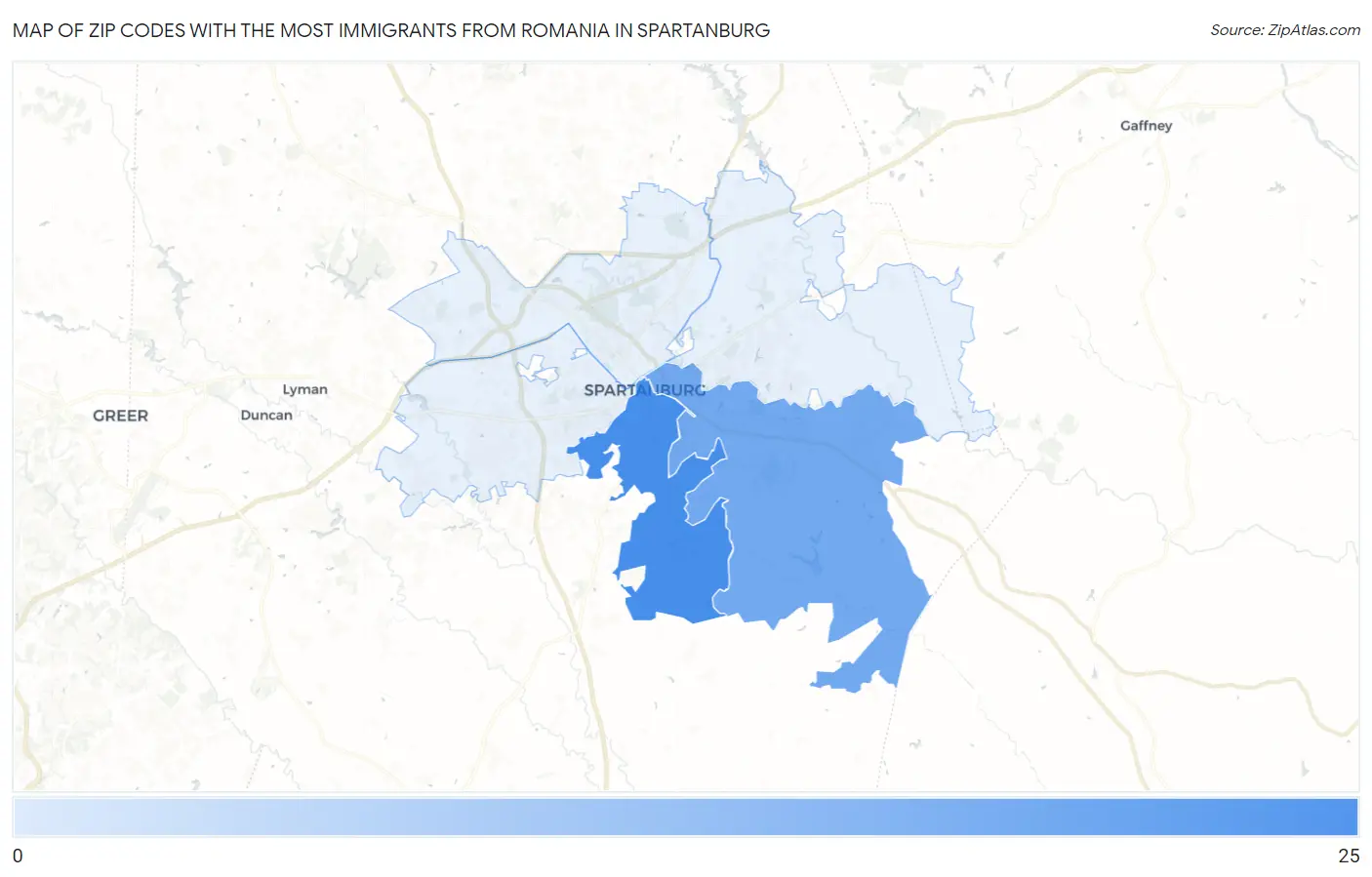 Zip Codes with the Most Immigrants from Romania in Spartanburg Map