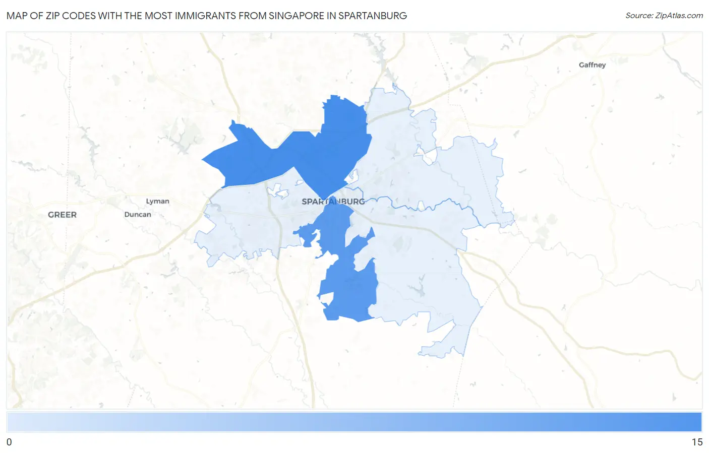 Zip Codes with the Most Immigrants from Singapore in Spartanburg Map