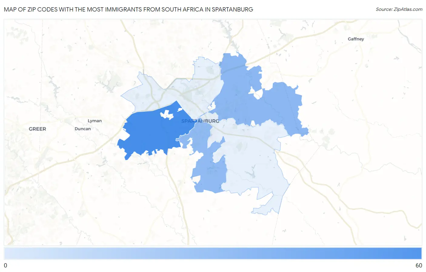 Zip Codes with the Most Immigrants from South Africa in Spartanburg Map