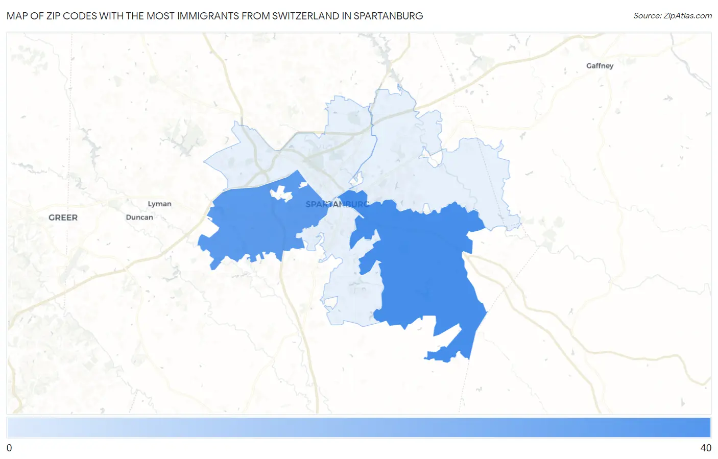 Zip Codes with the Most Immigrants from Switzerland in Spartanburg Map