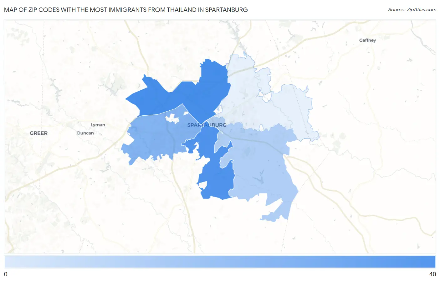 Zip Codes with the Most Immigrants from Thailand in Spartanburg Map