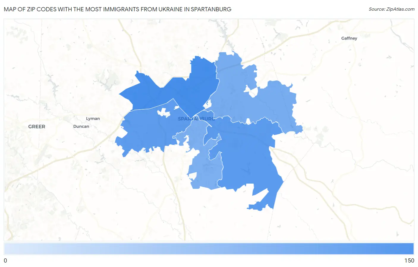 Zip Codes with the Most Immigrants from Ukraine in Spartanburg Map
