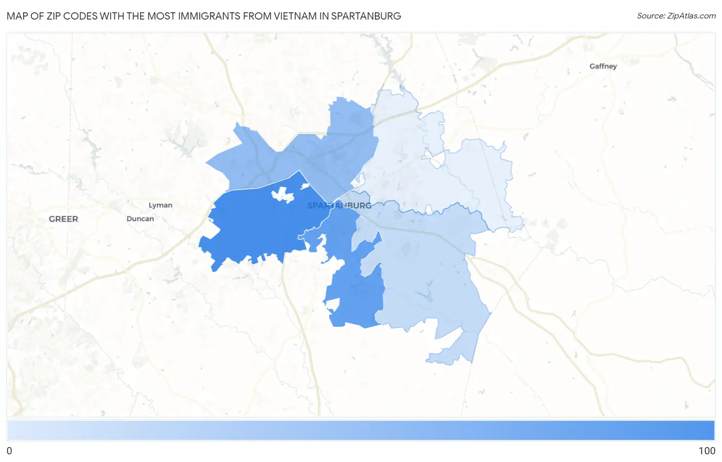 Zip Codes with the Most Immigrants from Vietnam in Spartanburg Map