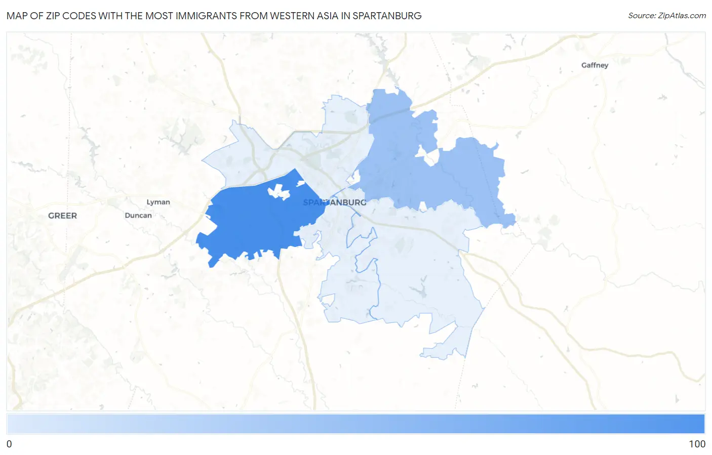 Zip Codes with the Most Immigrants from Western Asia in Spartanburg Map