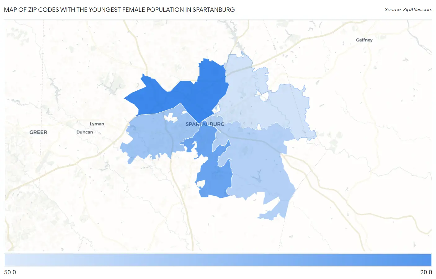 Zip Codes with the Youngest Female Population in Spartanburg Map