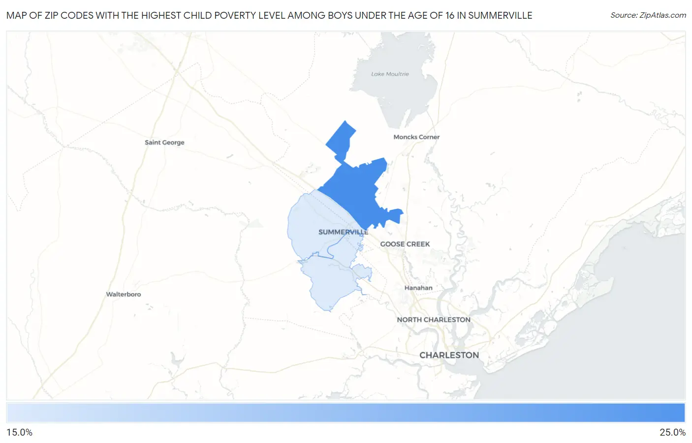 Zip Codes with the Highest Child Poverty Level Among Boys Under the Age of 16 in Summerville Map