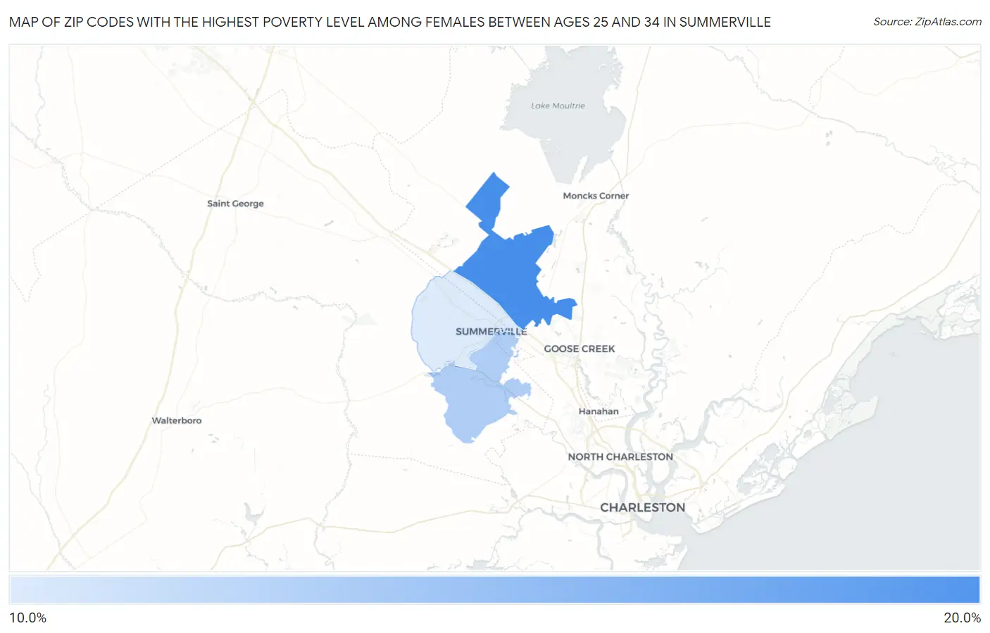 Zip Codes with the Highest Poverty Level Among Females Between Ages 25 and 34 in Summerville Map