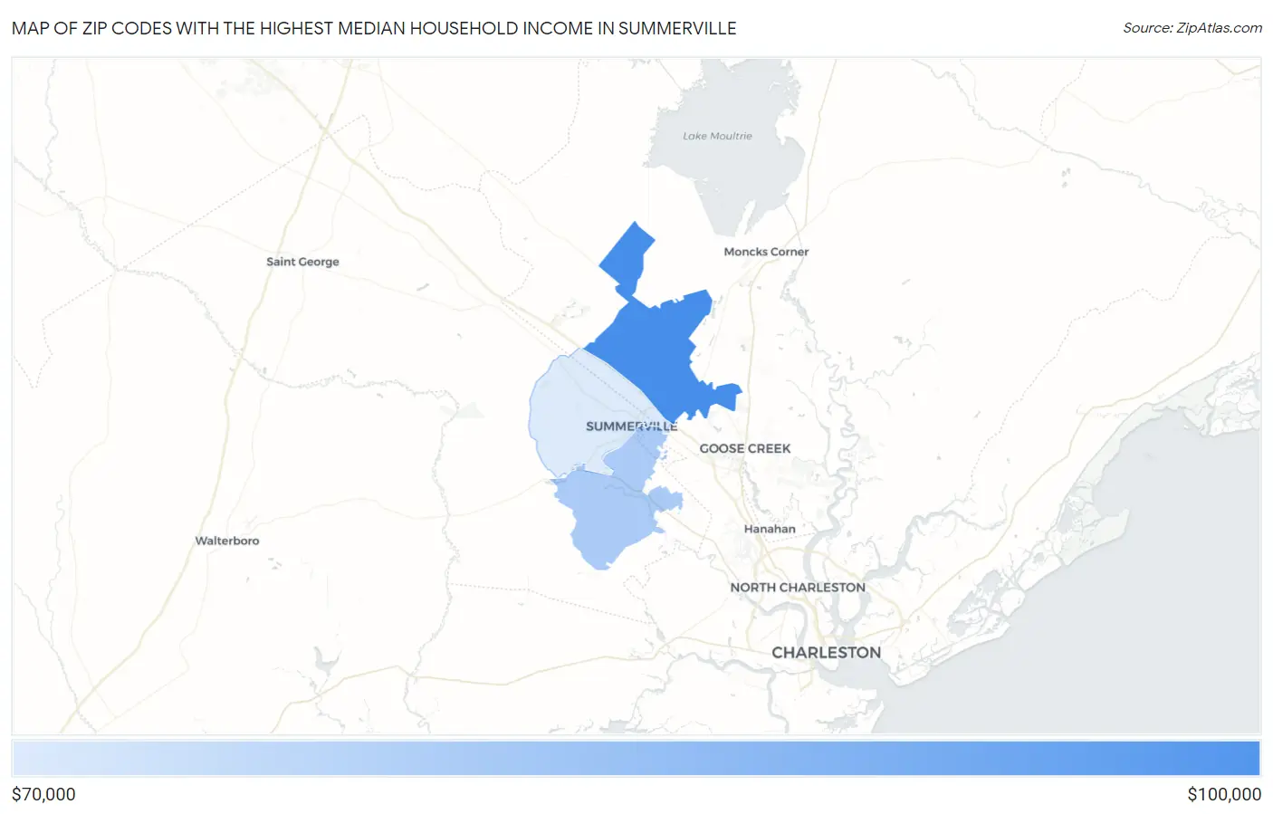 Zip Codes with the Highest Median Household Income in Summerville Map