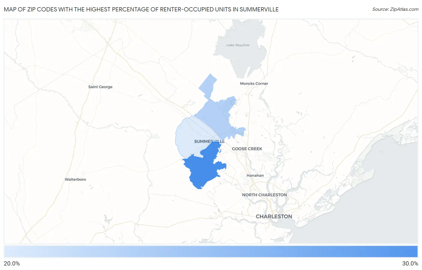 Zip Codes with the Highest Percentage of Renter-Occupied Units in Summerville Map
