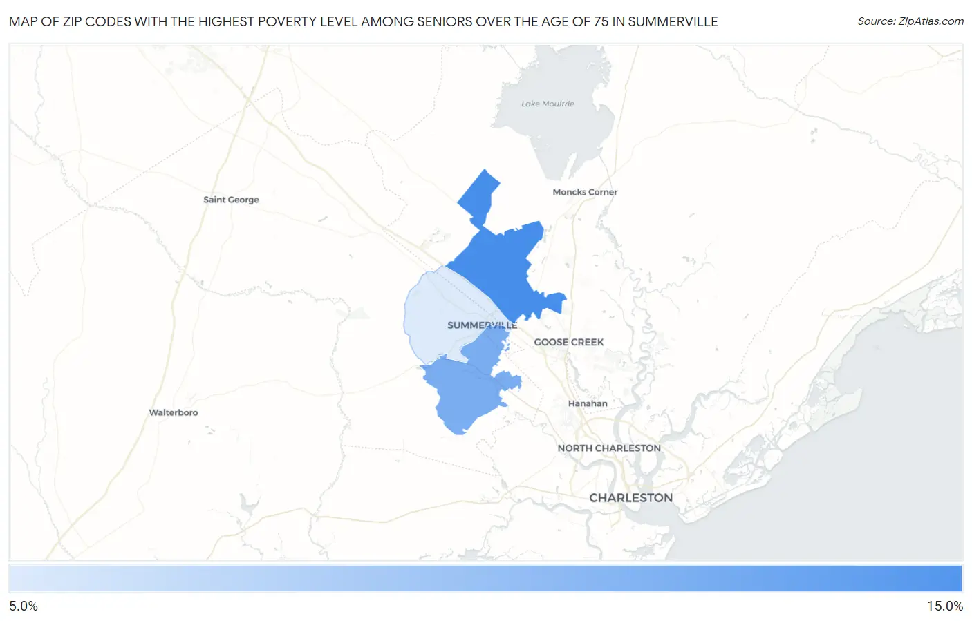 Zip Codes with the Highest Poverty Level Among Seniors Over the Age of 75 in Summerville Map