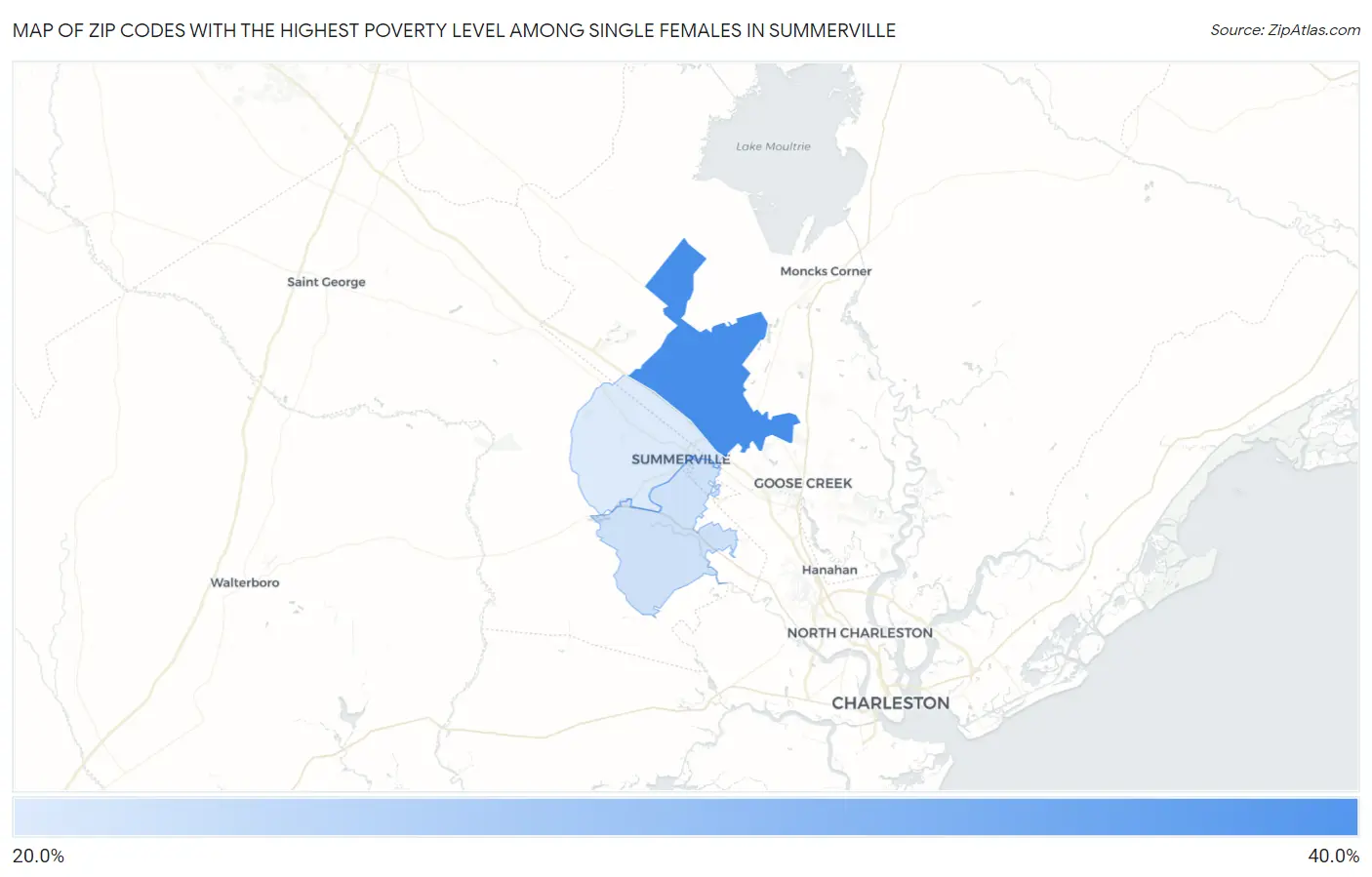 Zip Codes with the Highest Poverty Level Among Single Females in Summerville Map