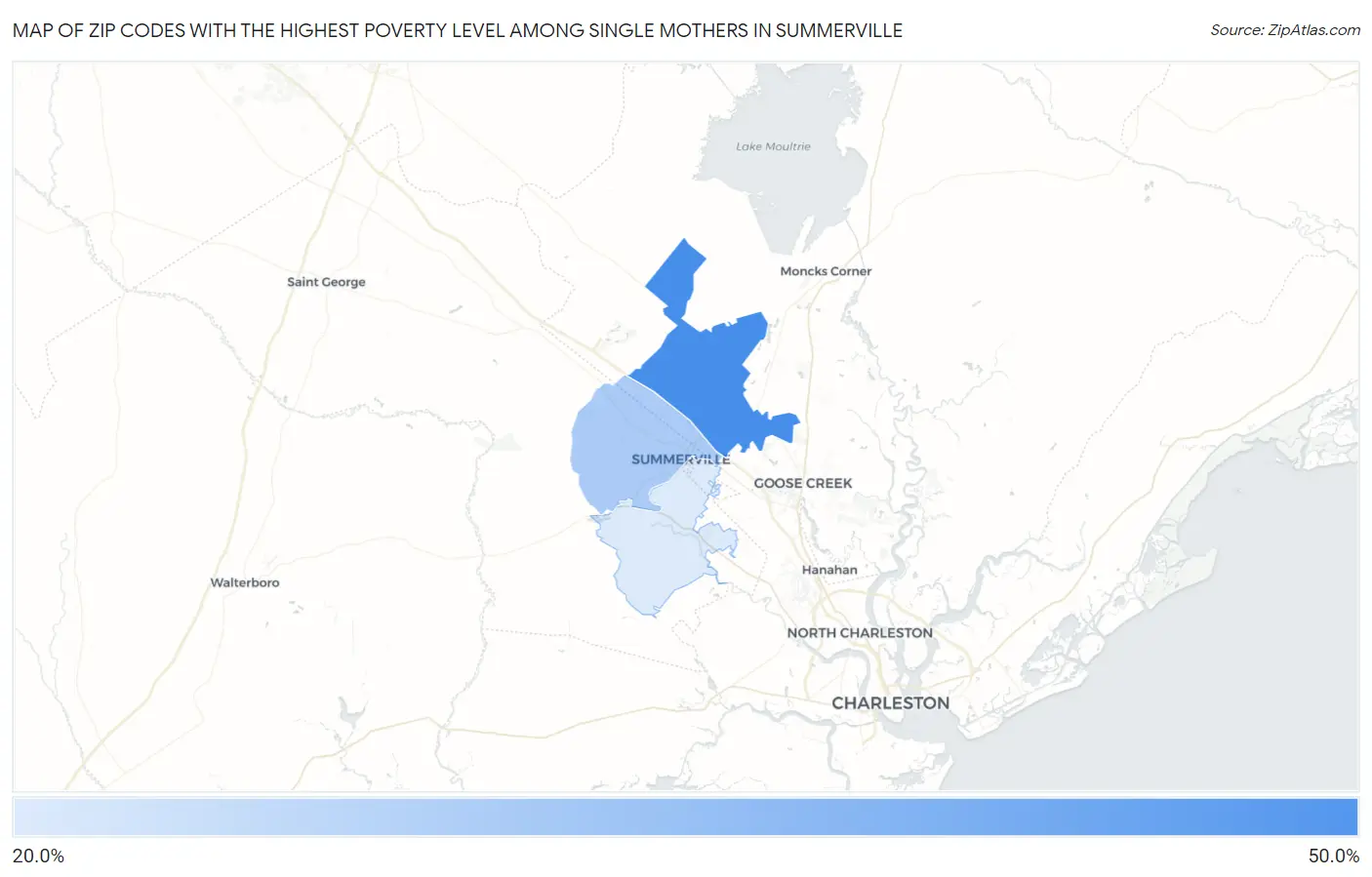 Zip Codes with the Highest Poverty Level Among Single Mothers in Summerville Map