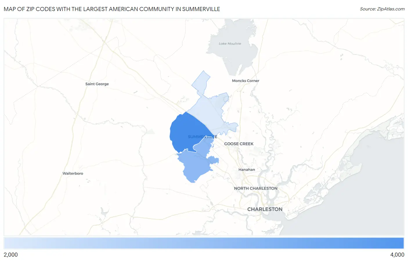 Zip Codes with the Largest American Community in Summerville Map