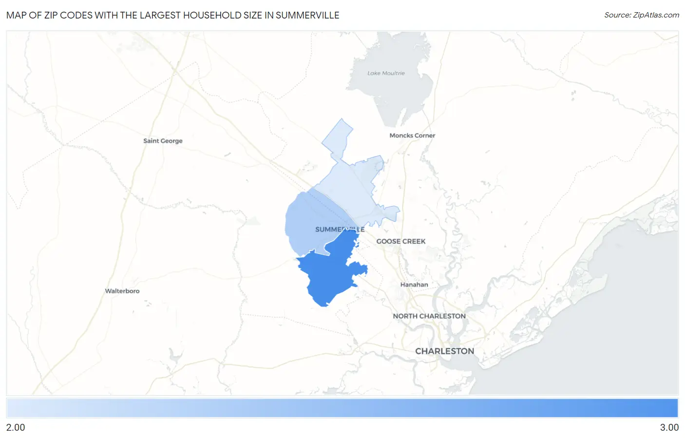 Zip Codes with the Largest Household Size in Summerville Map