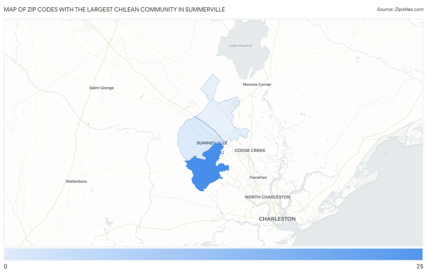 Zip Codes with the Largest Chilean Community in Summerville Map