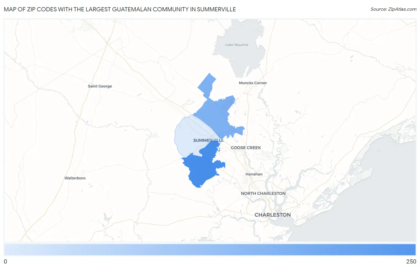 Zip Codes with the Largest Guatemalan Community in Summerville Map