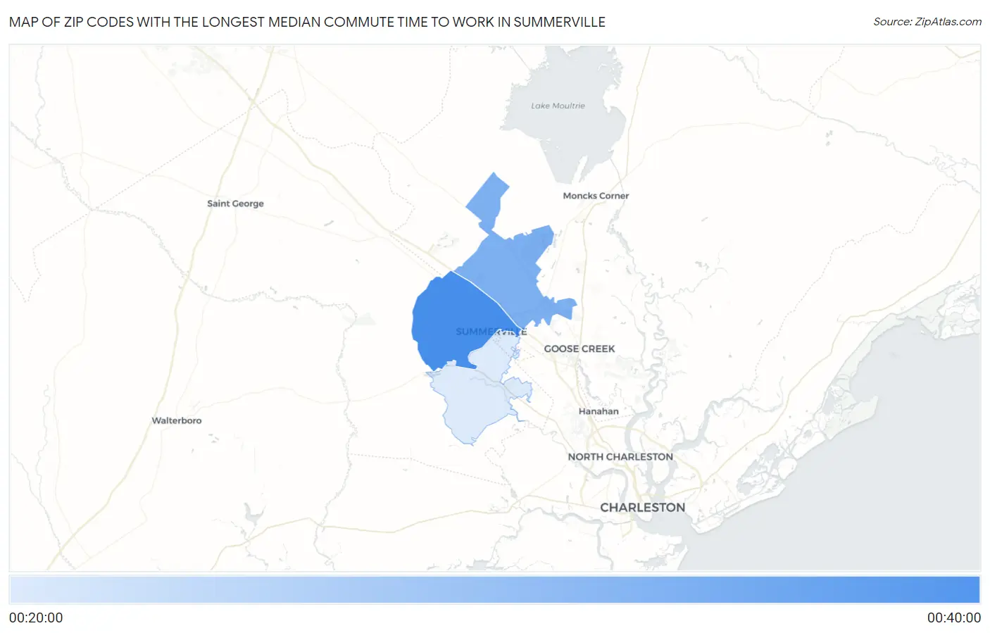Zip Codes with the Longest Median Commute Time to Work in Summerville Map
