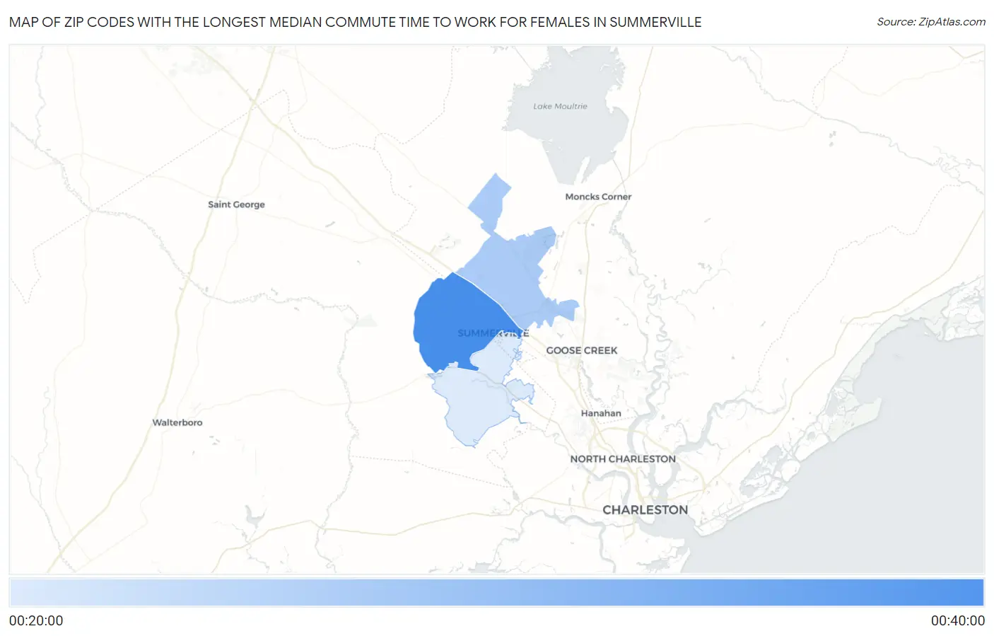Zip Codes with the Longest Median Commute Time to Work for Females in Summerville Map