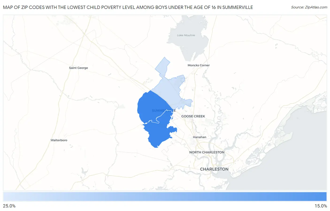 Zip Codes with the Lowest Child Poverty Level Among Boys Under the Age of 16 in Summerville Map