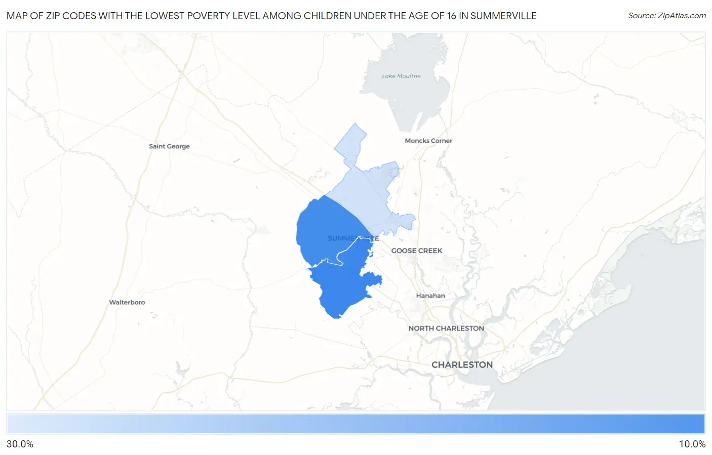 Zip Codes with the Lowest Poverty Level Among Children Under the Age of 16 in Summerville Map