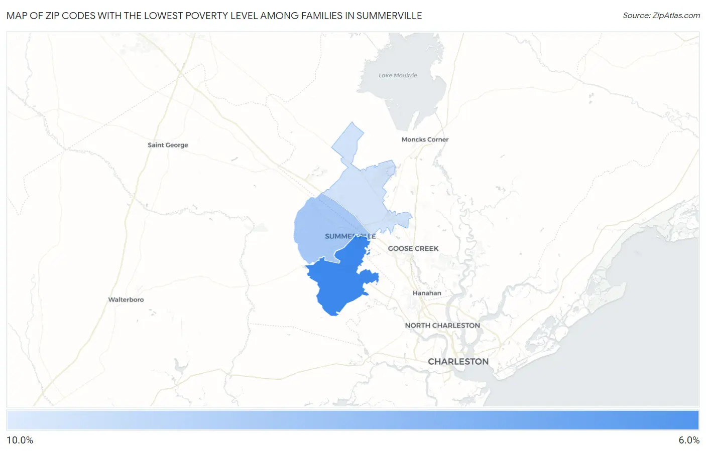 Zip Codes with the Lowest Poverty Level Among Families in Summerville Map