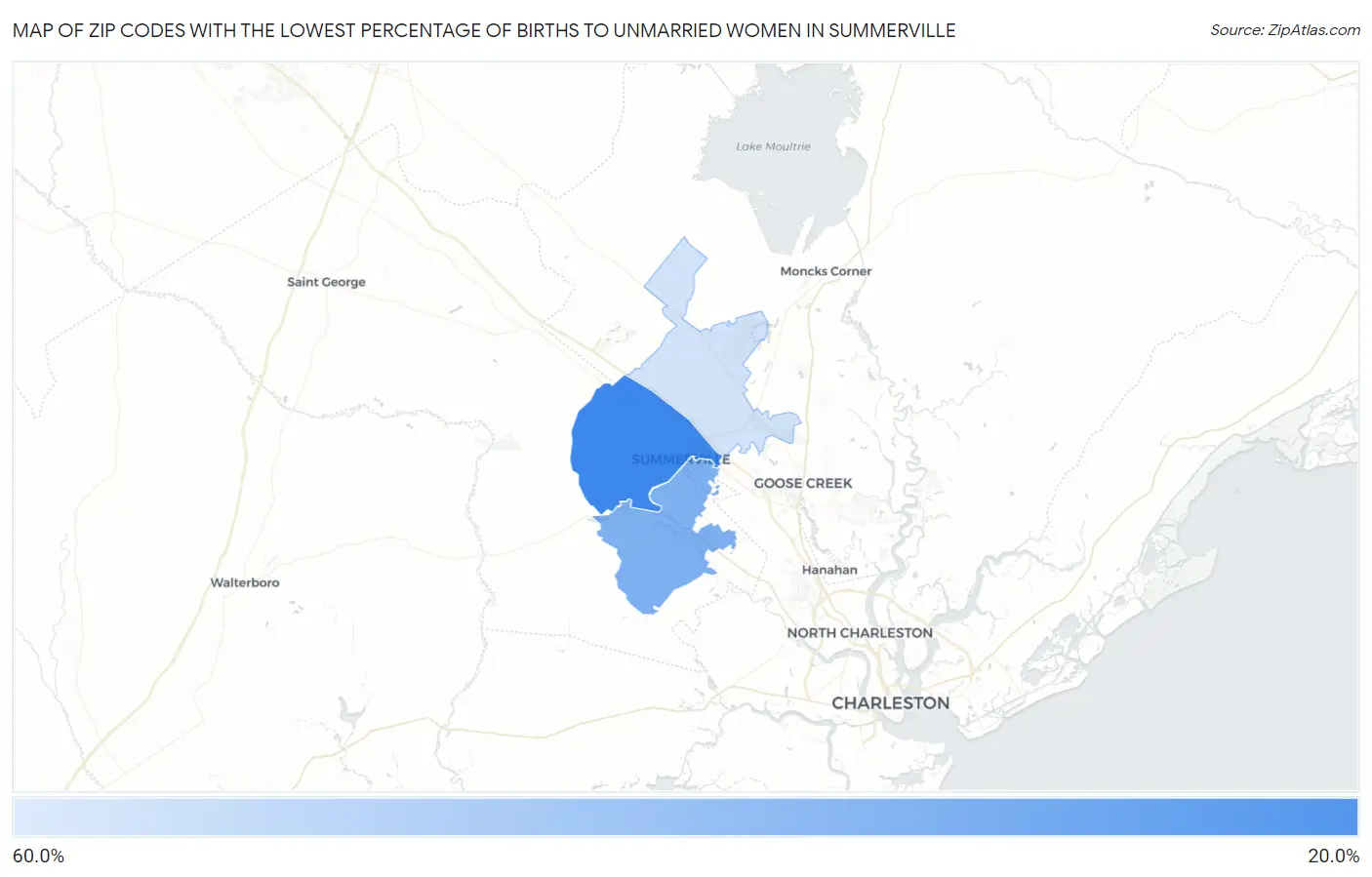 Zip Codes with the Lowest Percentage of Births to Unmarried Women in Summerville Map