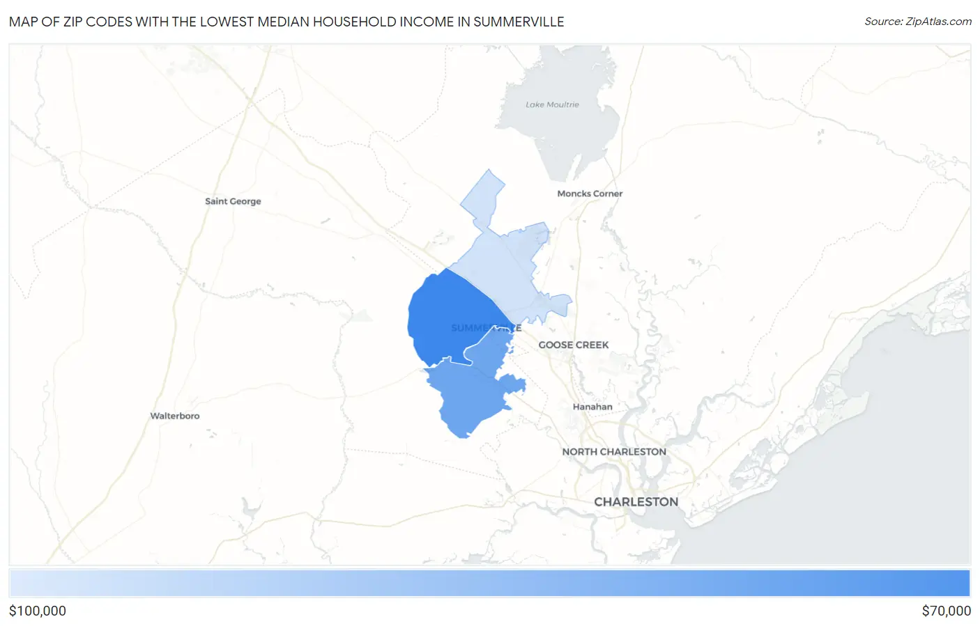 Zip Codes with the Lowest Median Household Income in Summerville Map