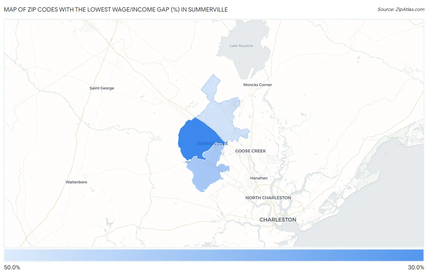 Zip Codes with the Lowest Wage/Income Gap (%) in Summerville Map