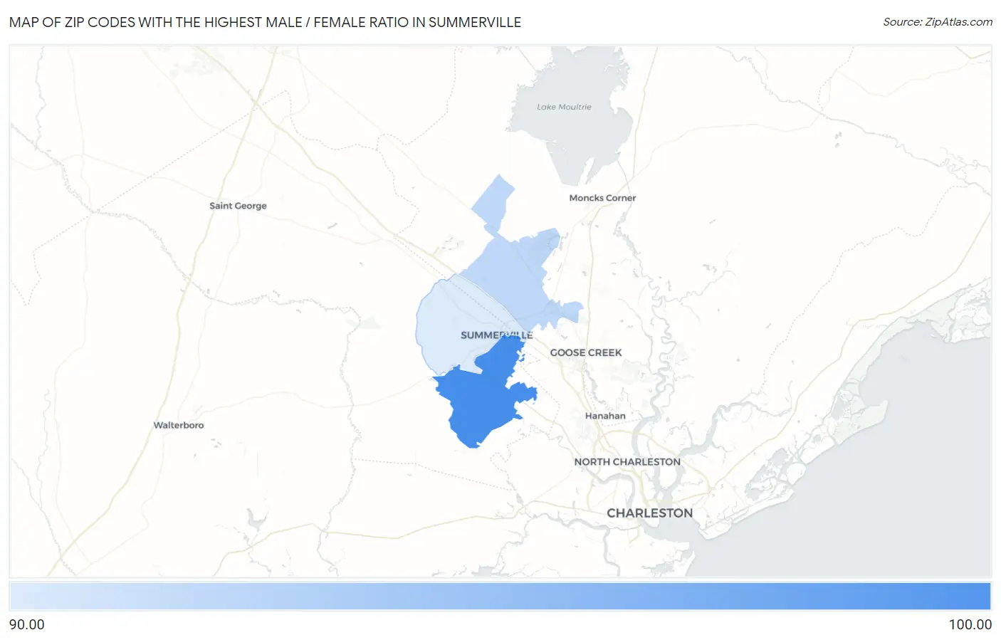 Zip Codes with the Highest Male / Female Ratio in Summerville Map