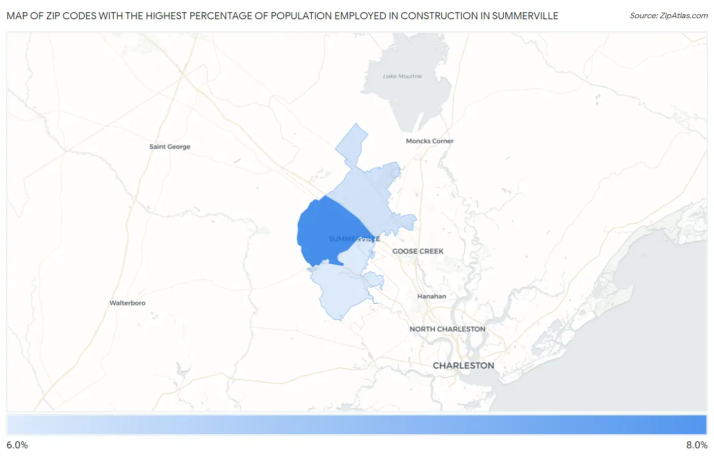 Zip Codes with the Highest Percentage of Population Employed in Construction in Summerville Map