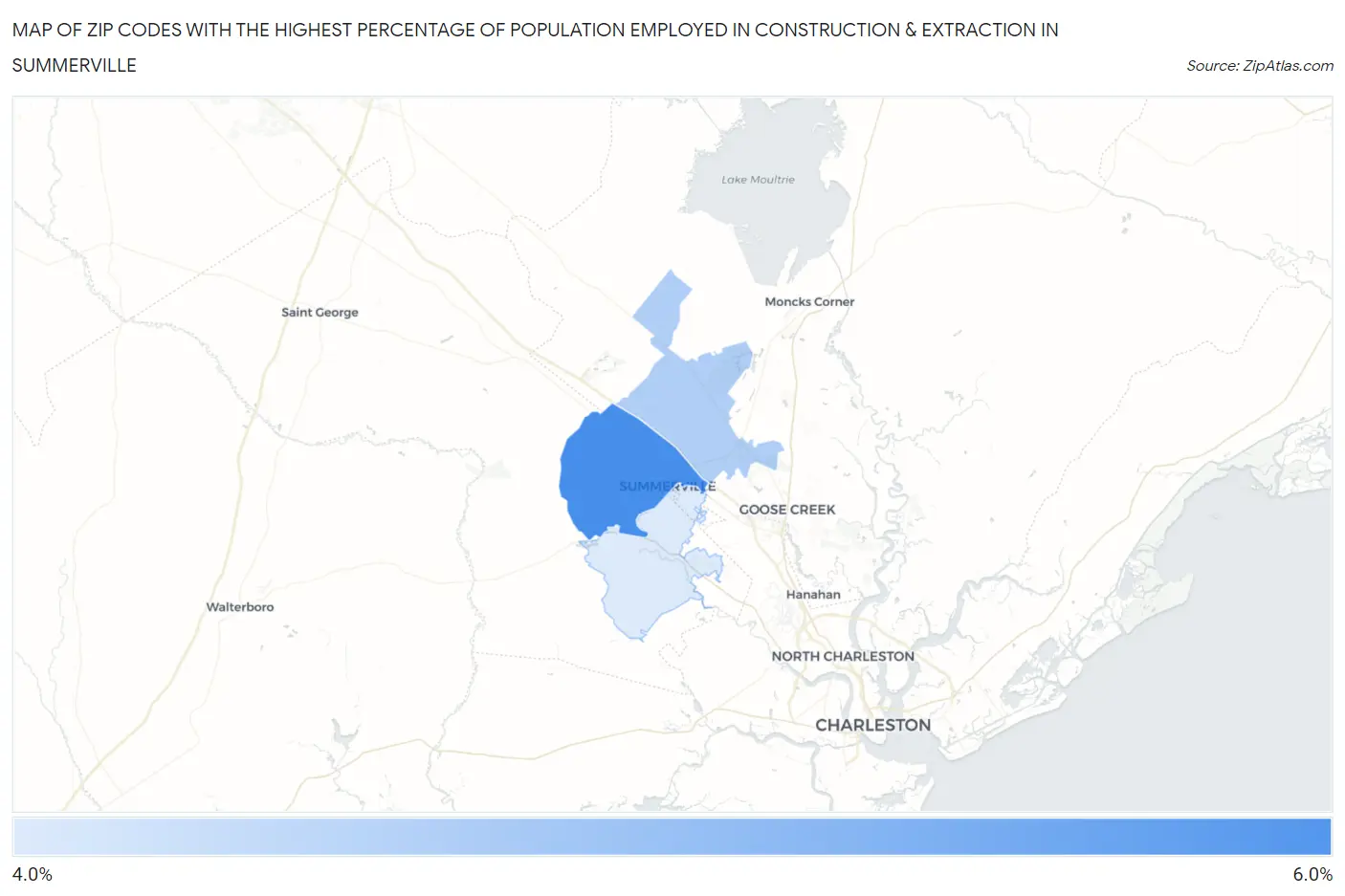 Zip Codes with the Highest Percentage of Population Employed in Construction & Extraction in Summerville Map