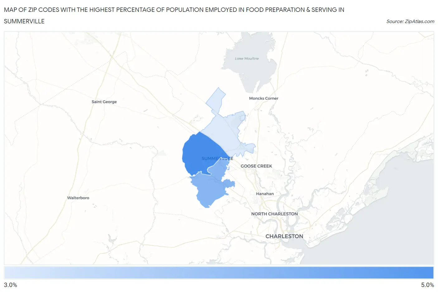 Zip Codes with the Highest Percentage of Population Employed in Food Preparation & Serving in Summerville Map