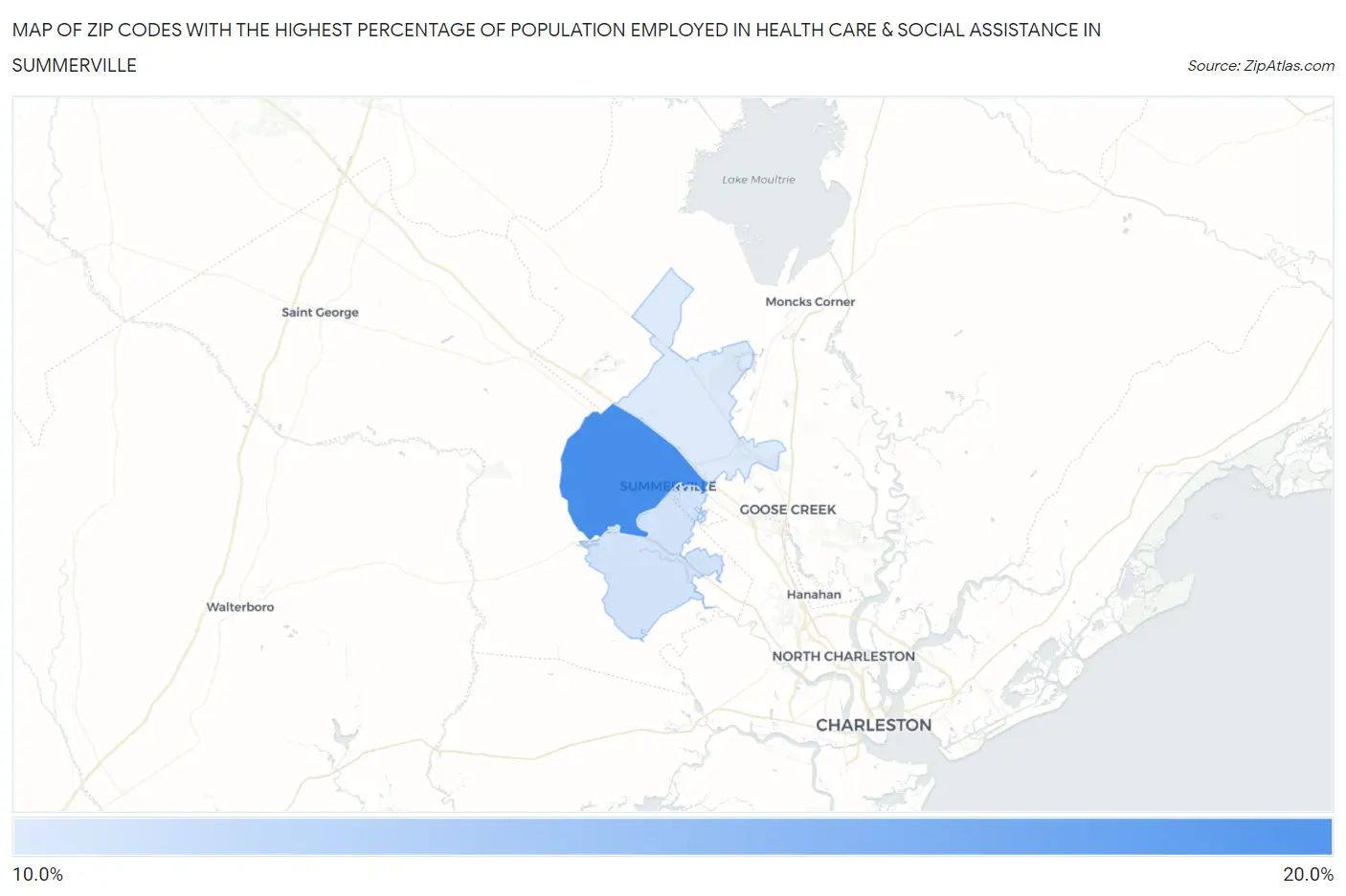 Zip Codes with the Highest Percentage of Population Employed in Health Care & Social Assistance in Summerville Map