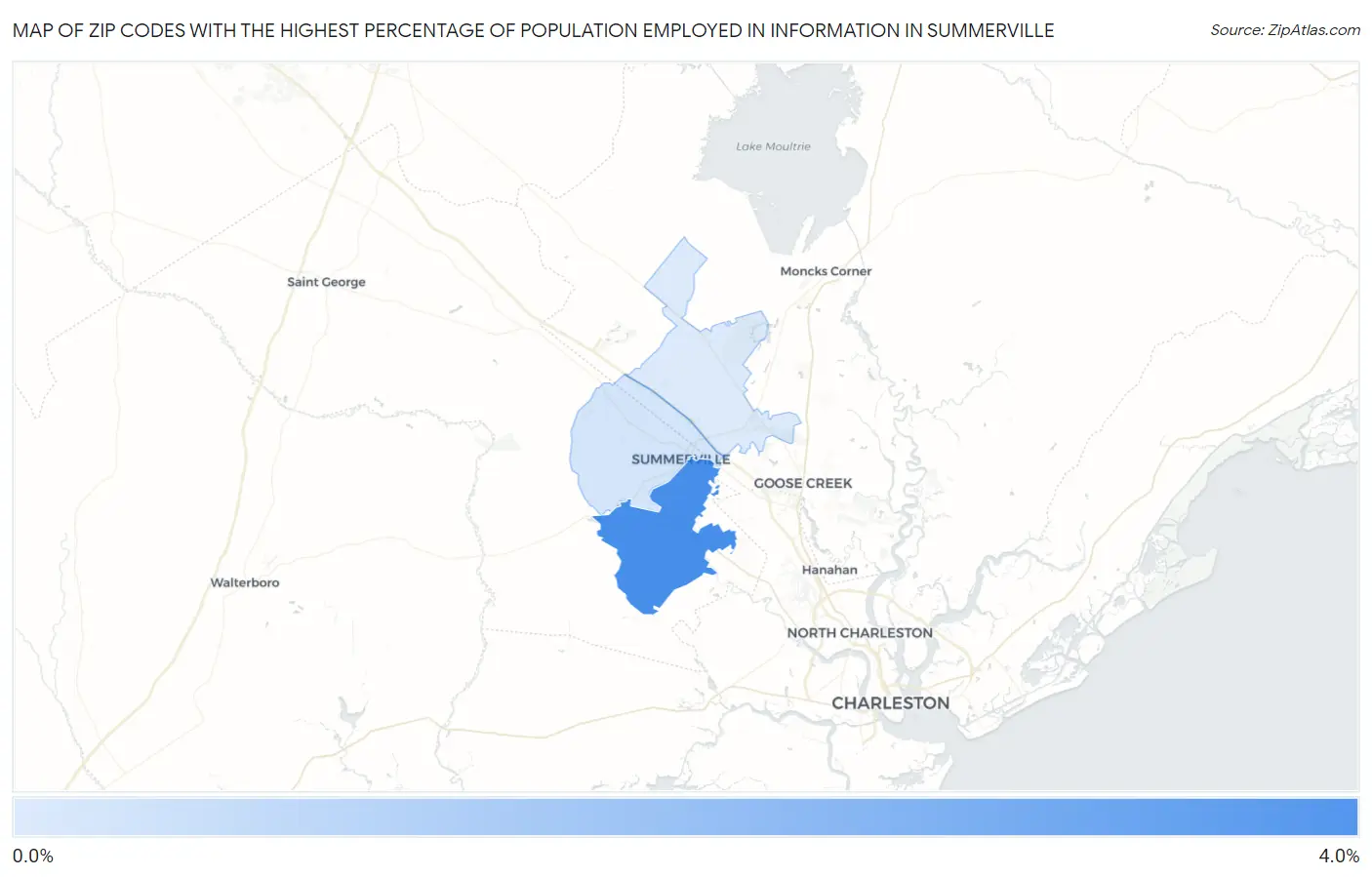 Zip Codes with the Highest Percentage of Population Employed in Information in Summerville Map