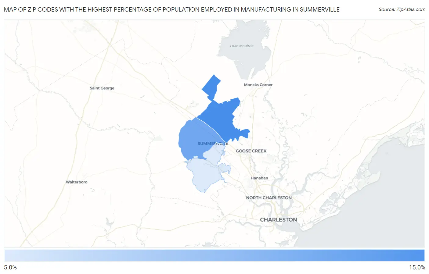 Zip Codes with the Highest Percentage of Population Employed in Manufacturing in Summerville Map