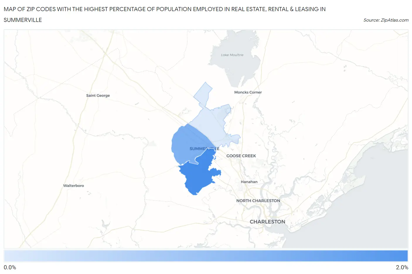 Zip Codes with the Highest Percentage of Population Employed in Real Estate, Rental & Leasing in Summerville Map