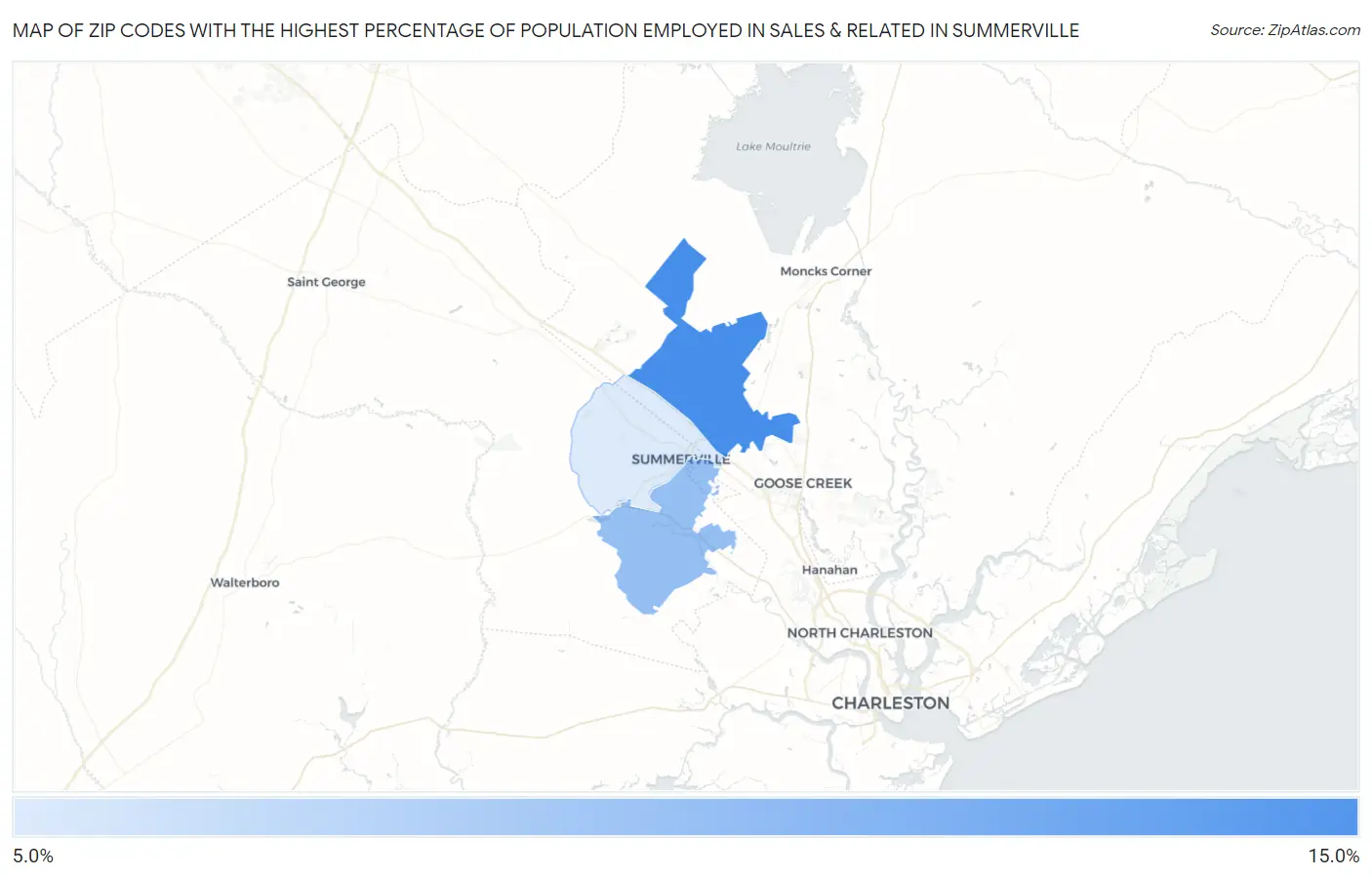 Zip Codes with the Highest Percentage of Population Employed in Sales & Related in Summerville Map